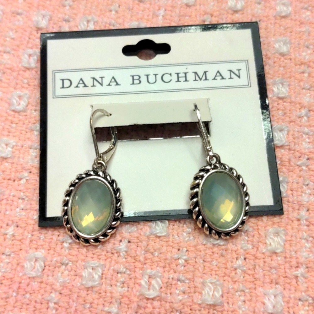 Blue dangle earring with rope design around stone.